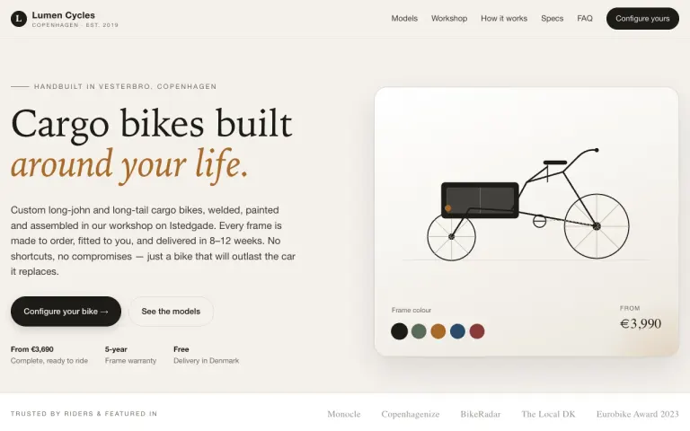 Beam 1.0: Landing page for a cargo bike workshop