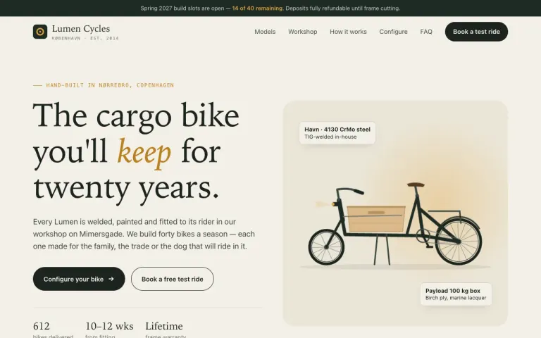 Claude Opus 5.5: Landing page for a cargo bike workshop