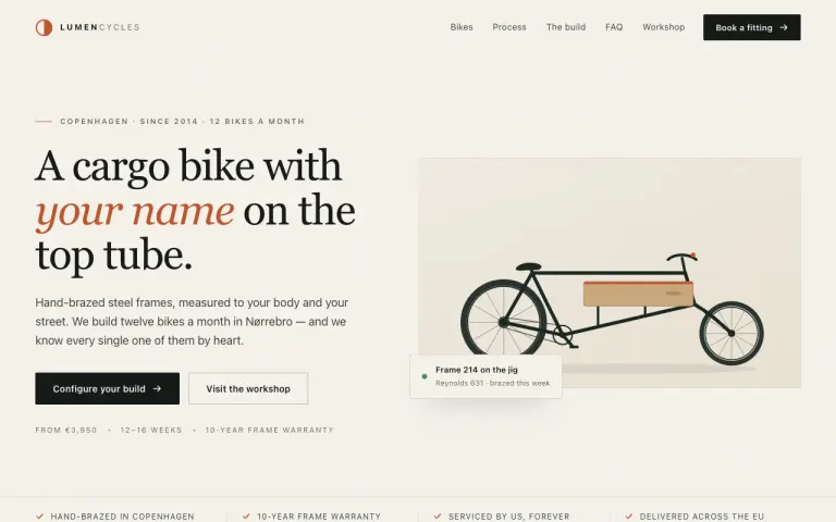 DeepSeek V4.1 Flash 1017: Landing page for a cargo bike workshop