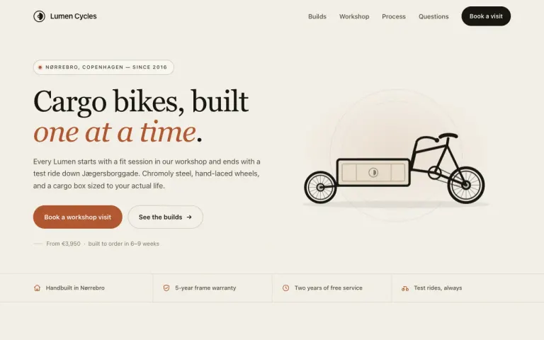DeepSeek V4.1 Flash: Landing page for a cargo bike workshop