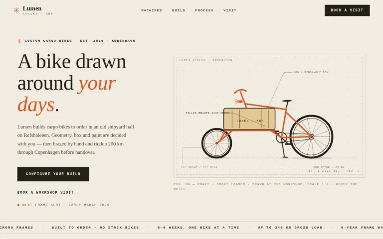Still of GLM 5.3 Flash's page for the "Landing page for a cargo bike workshop" prompt
