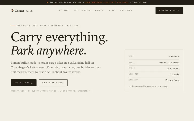 GLM 5.3: Landing page for a cargo bike workshop