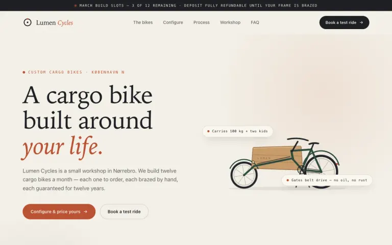 Kimi K3: Landing page for a cargo bike workshop