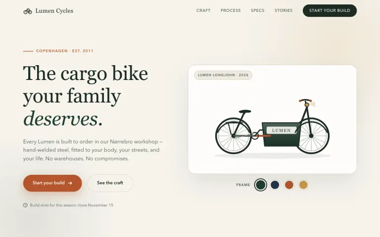 LongCat 2.5 Preview: Landing page for a cargo bike workshop