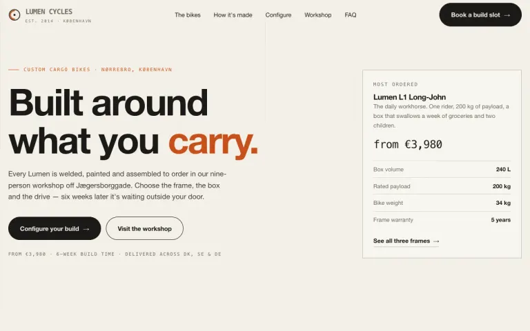MiMo v2.6 Flash: Landing page for a cargo bike workshop