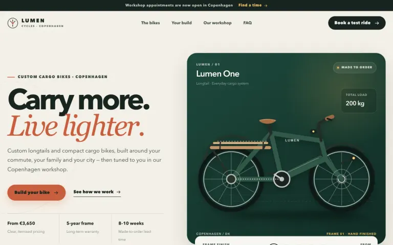 MiniMax M3.1 Flash: Landing page for a cargo bike workshop