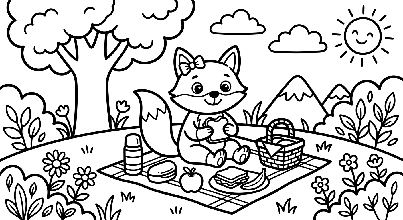 Nano Banana 2: Colouring page of a fox picnic
