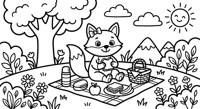 Nano Banana 2: Colouring page of a fox picnic