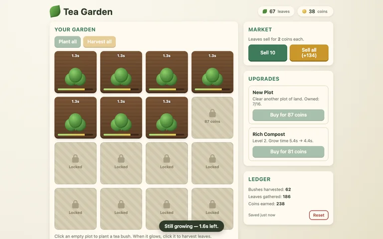 Claude Opus 5.5's Tea Garden after 95 seconds of play