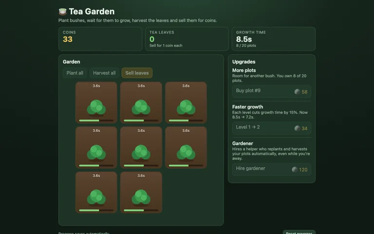 Claude Sonnet 5.5's Tea Garden after 95 seconds of play
