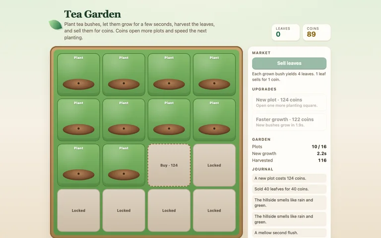 Grok 4.7's Tea Garden after 95 seconds of play